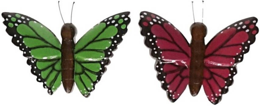 Merkloos 2 stuks Houten koelkast magneetjes in de vorm van een groene en roze vlinder Magneten