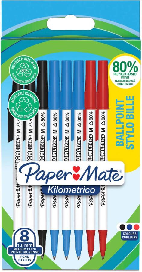 Paper Mate Balpen Kilometrico Recycled medium assorti blister Ã  8 stuks