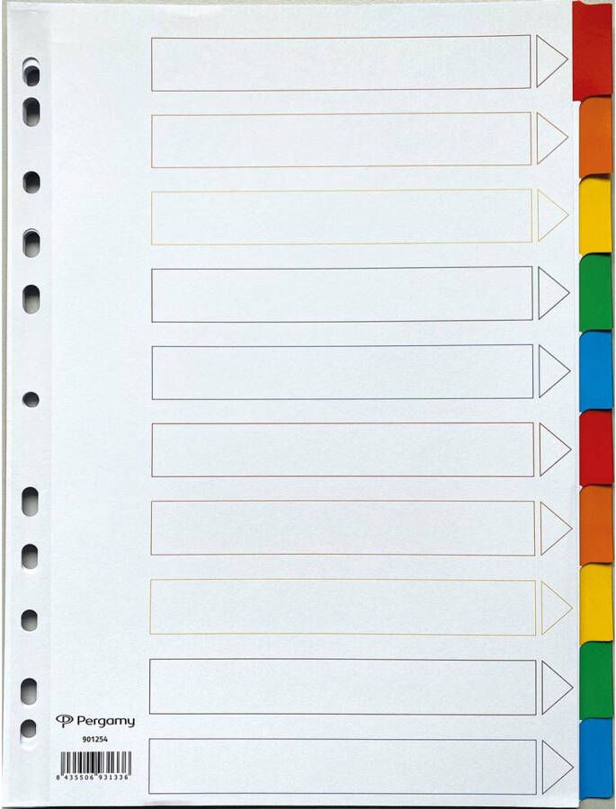 Pergamy tabbladen met indexblad ft A4 11-gaatsperforatie geassorteerde kleuren 10 tabs 25 stuks