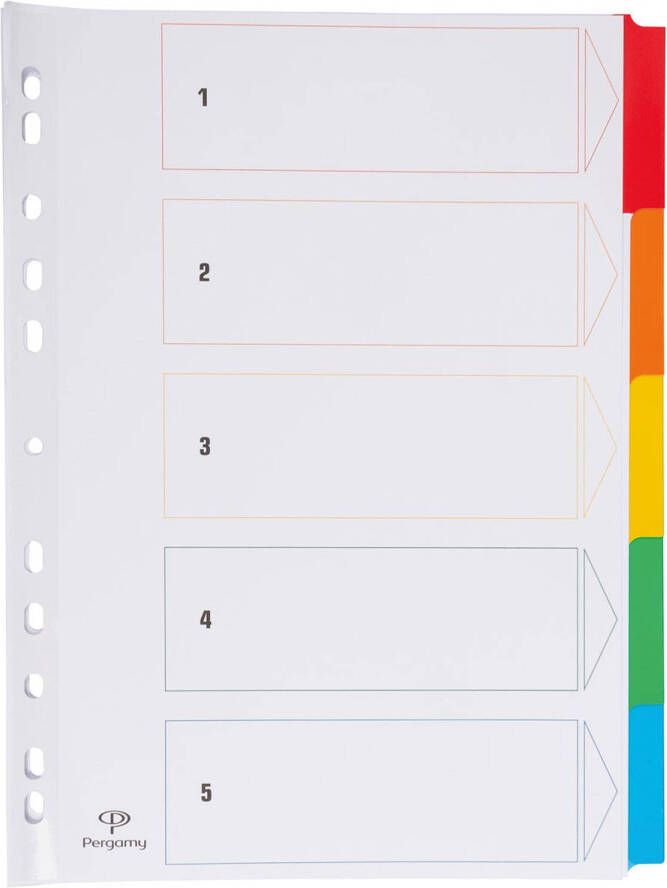 Pergamy tabbladen met indexblad ft A4 11-gaatsperforatie geassorteerde kleuren 5 tabs 50 stuks