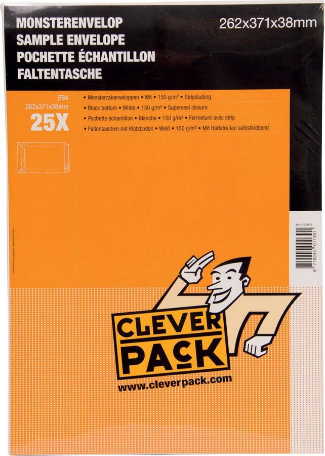 Cleverpack monsterenveloppen ft 262 x 371 x 38 mm met stripsluiting wit pak van 25 stuks
