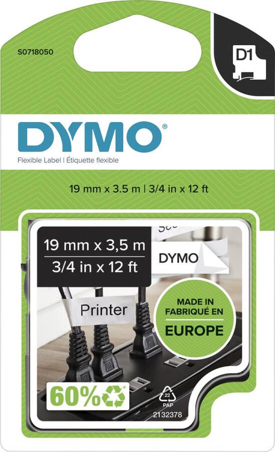 Dymo D1 flexibele nylontape 19 mm zwart op wit