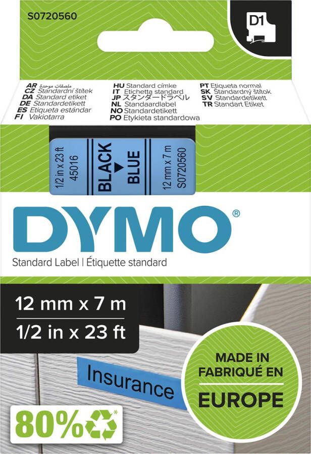 Dymo D1 tape 12 mm zwart op blauw
