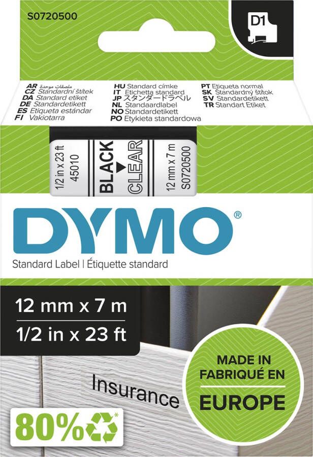 Dymo D1 tape 12 mm zwart op transparant