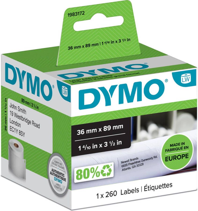 Dymo Etiket LabelWriter adressering 36x89mm 1 rol Ã¡ 260 stuks wit