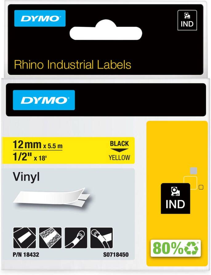 Dymo RHINO vinyltape 12 mm zwart op geel
