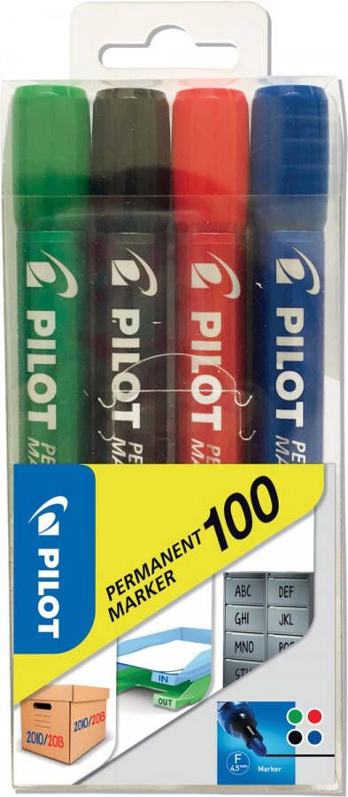 Pilot permanent marker 100 blister met 4 stuks in geassorteerde kleuren