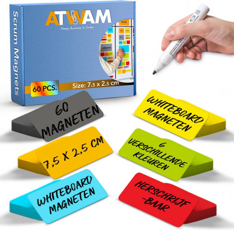 Atwam Scrum Magneten 60 stuks Voor Whiteboard of Magneetbord Herschrijfbare Magneten Post It 7 5*2 5 cm