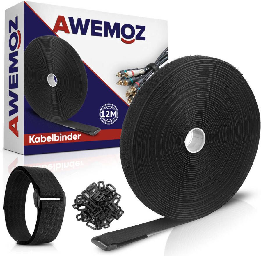 Awemoz Velcro Kabelbinders 12 Meter Lang 2 CM breed Kabelsbinders Klittenband Zwarte Kabel Organiser met 50 Gespen