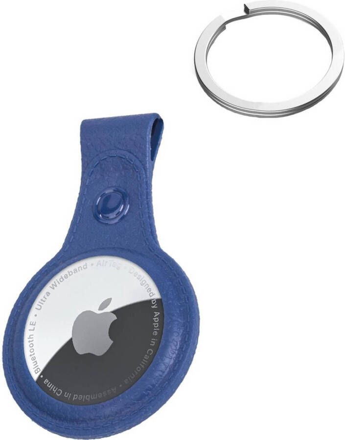 Basey Airtag-Sleutelhanger Hoesje Leer Sleutelhanger Hoes AirTag Case Donker Blauw