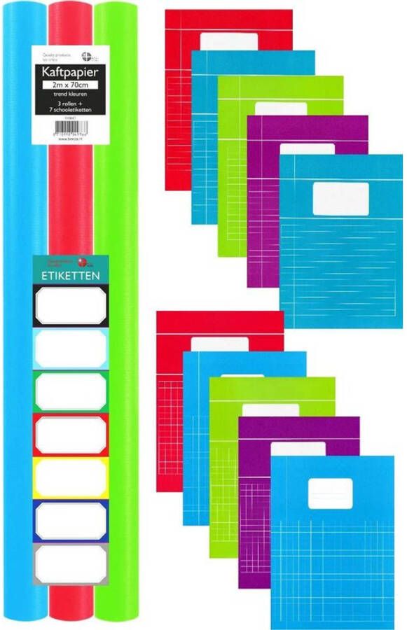 Benza Trendy Schoolpakket 3 rollen Kaftpapier 10 Schriften A4 5 x Lijn & 5 x Ruit