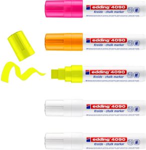 Edding krijtmarker e-4090 schuine punt etui van 5 stuks: 2 x wit 1 x geel 1 x oranje en 1 x roze