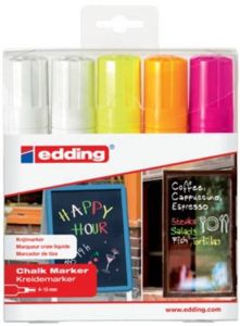 Edding krijtmarker e-4090 schuine punt etui van 5 stuks: 2 x wit 1 x geel 1 x oranje en 1 x roze