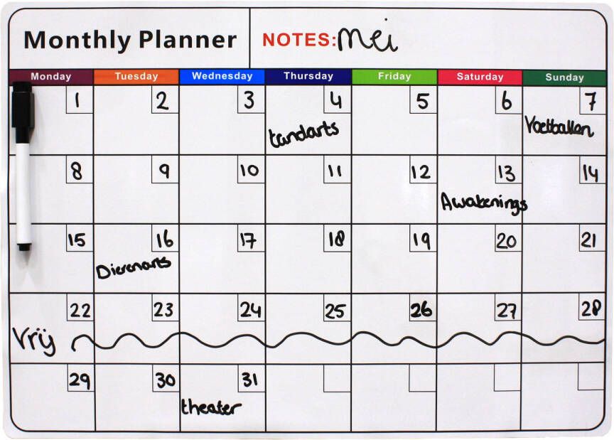 GS Quality Products Lowander family planner magnetic whiteboard A3 30x42 cm Planning mensuel Incl. marqueur et effaceur