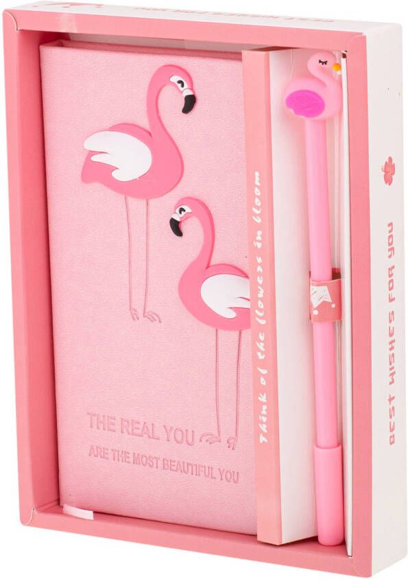 Ikonka Dagboek flamingo notitieboek met pen roze Notitieboek of dagboek