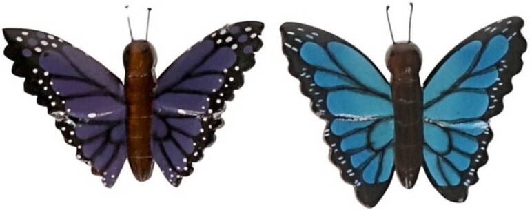 Merkloos 2 stuks Houten koelkast magneetjes in de vorm van een blauwe en paarse vlinder Magneten