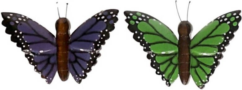 Merkloos 2 stuks Houten koelkast magneetjes in de vorm van een groene en paarse vlinder Magneten