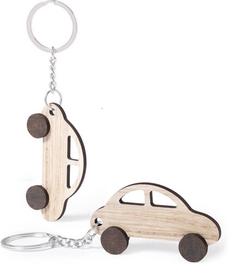 Merkloos 2x stuks sleutelhanger met auto hout 4x7 cm autosleutel hanger Sleutelhangers