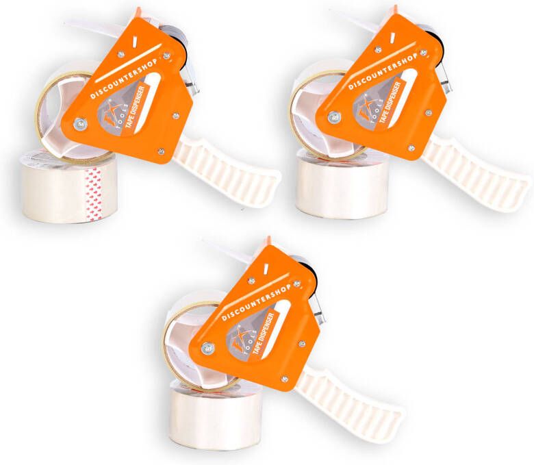 Merkloos Tape Dispenser Set: 3 Stuks elk inclusief 6 Tapes (15x48cm) Plakbandhouder in Wit & Oranje Vervaardigd uit Plastic