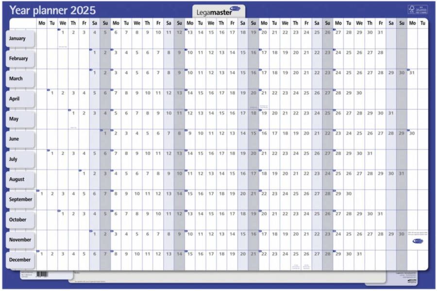 Merkloos Jaarplanner 2025 Horizontaal Gelamineerd 90 X 60 cm