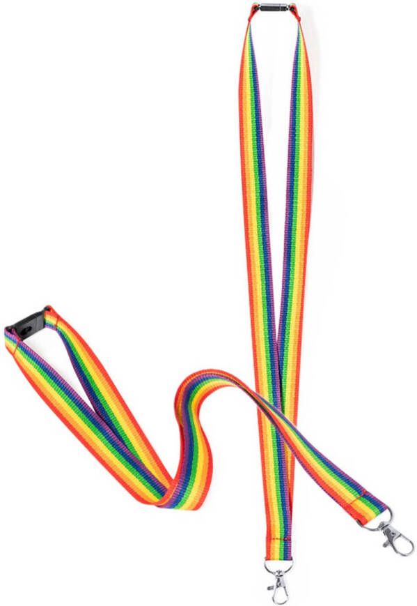 Merkloos Keycord lanyard in de regenboog kleuren 2x polyester metaal met clipsluiting 50 cm Keycords