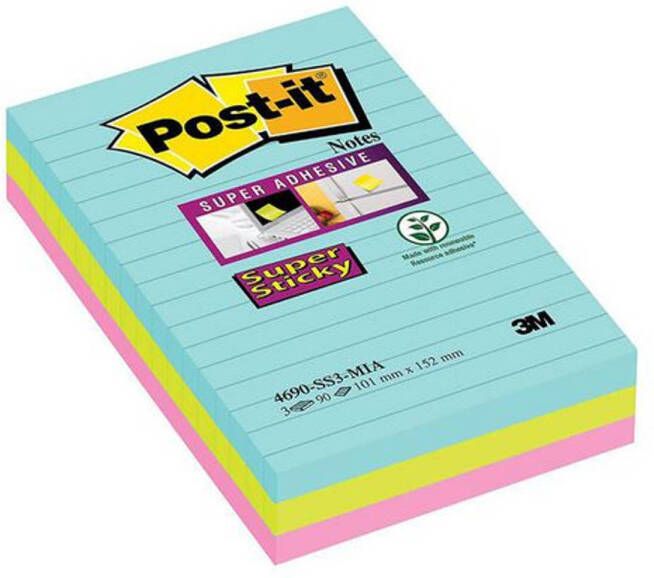 Post-It Super Sticky Notes XXL Cosmic 90 vel ft 101 X 152 mm gelijnd geassorteerde kleuren pak van 3