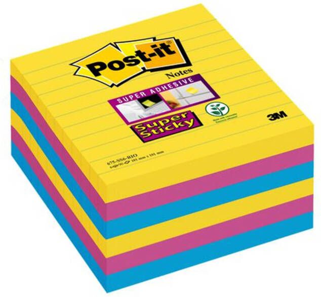 Post-It Super Sticky notes XL Carnival 90 vel ft 101 x 101 mm gelijnd assorti pak van 6 blokken