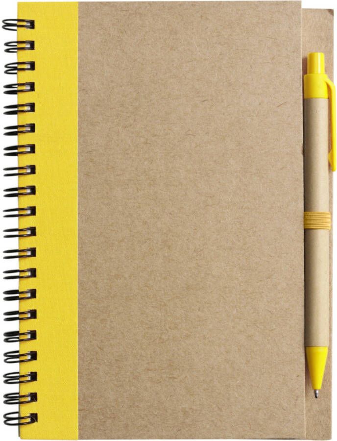 Merkloos Notitie opschrijf boekje met balpen harde kaft beige geel 18x13cm 60blz gelinieerd Notitieboek