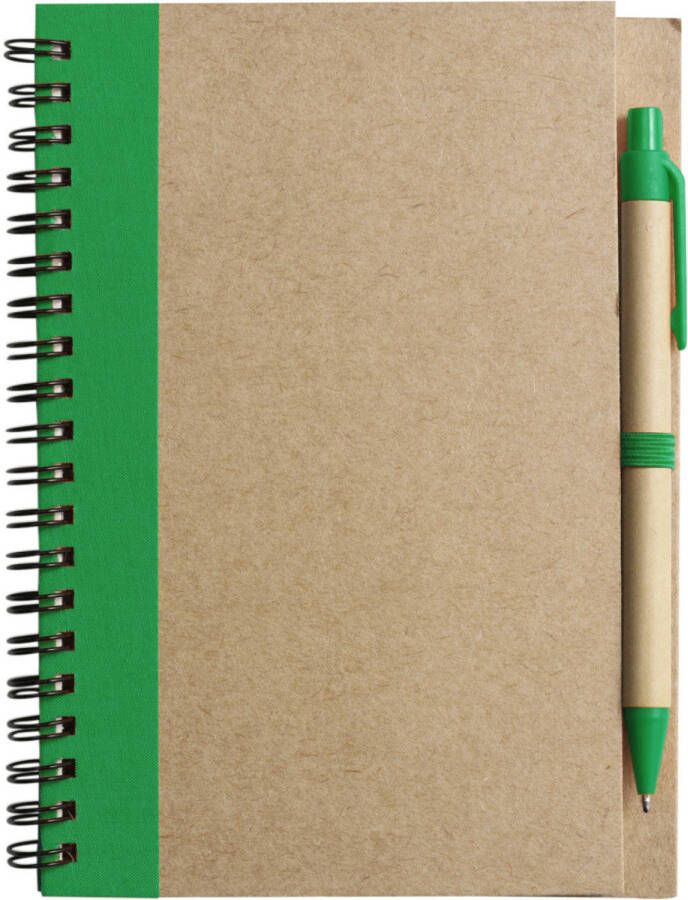 Merkloos Notitie opschrijf boekje met balpen harde kaft beige groen 18x13cm 60blz gelinieerd Notitieboek