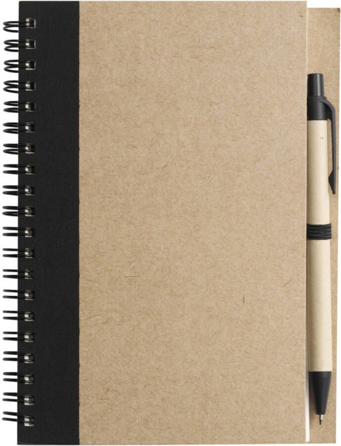 Merkloos Notitie opschrijf boekje met balpen harde kaft beige zwart 18x13cm 60blz gelinieerd Notitieboek