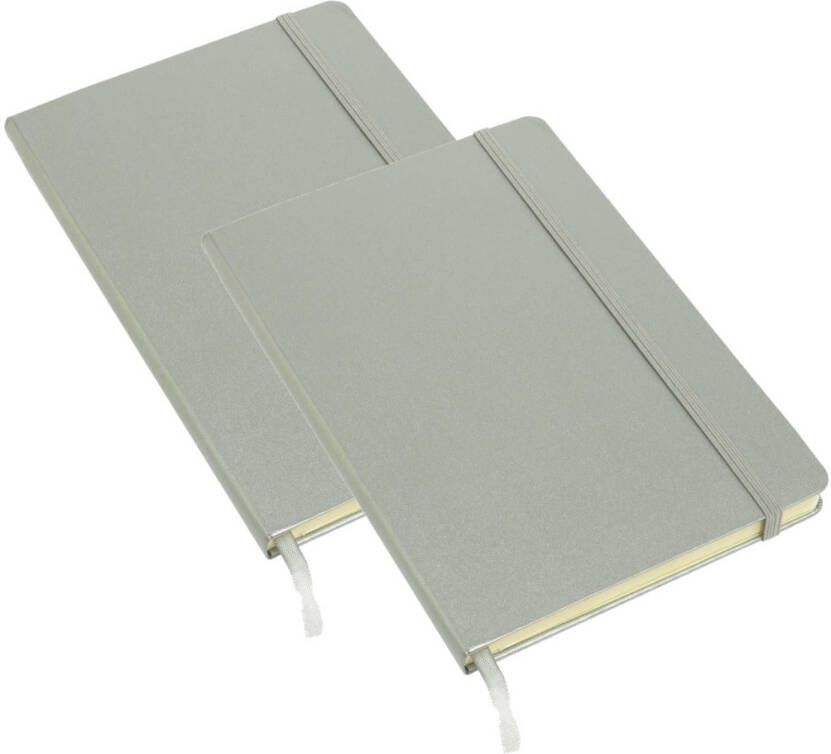 Merkloos Pakket van 2x stuks luxe schoolschriften notitieboeken A5 harde kaft gelinieerd zilver Notitieboek