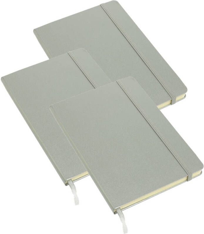 Merkloos Pakket van 3x stuks luxe schoolschriften notitieboeken A5 harde kaft gelinieerd zilver Notitieboek
