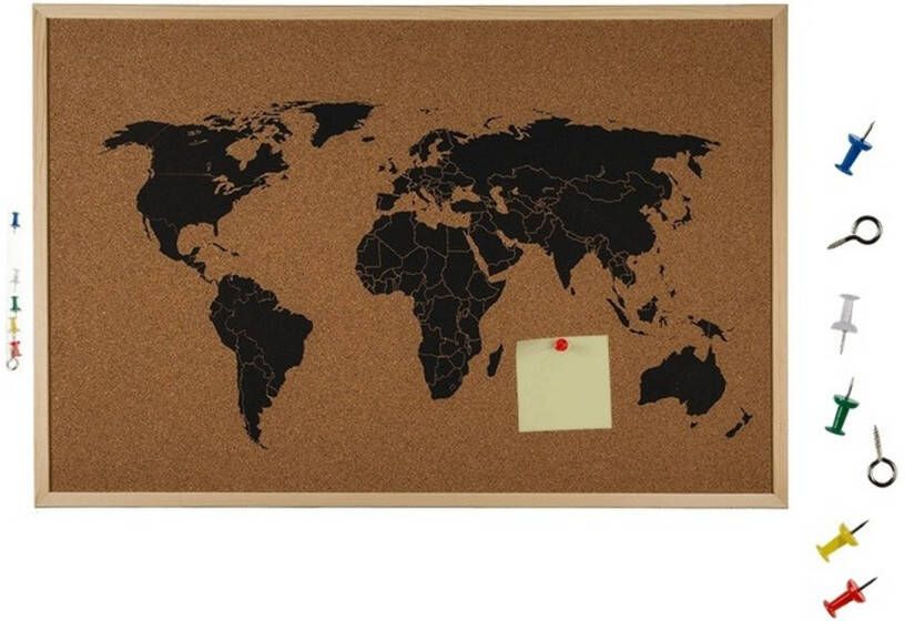 Merkloos Prikbord met wereldkaart 40 x 60 cm