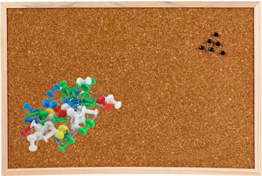 Merkloos Prikbord van kurk 58 x 39 cm inclusief 40x gekleurde punt punaises- memobord Prikborden