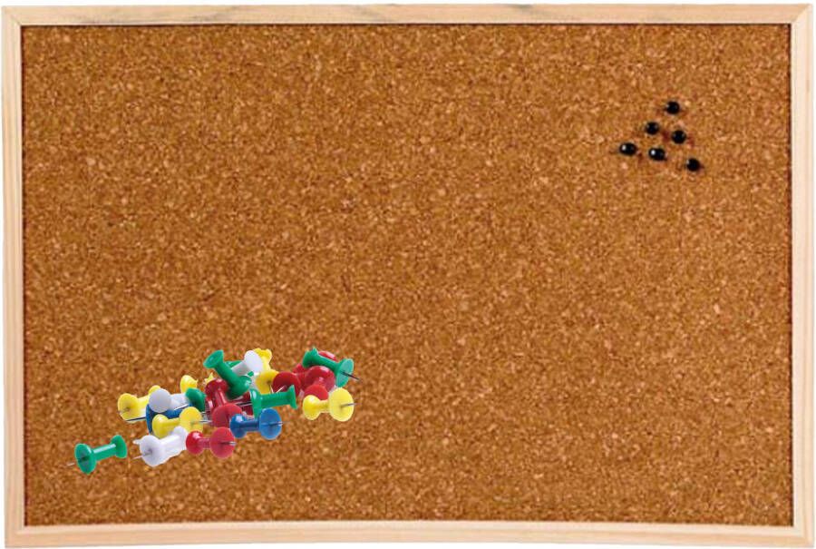 Merkloos Prikbord van kurk 58 x 39 cm met 25x gekleurde punt punaises Prikborden