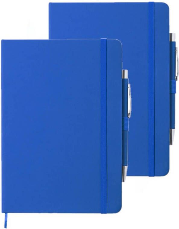 Merkloos Set van 2x stuks luxe notitieboekje gelinieerd blauw met elastiek en pen A5 formaat Notitieboek