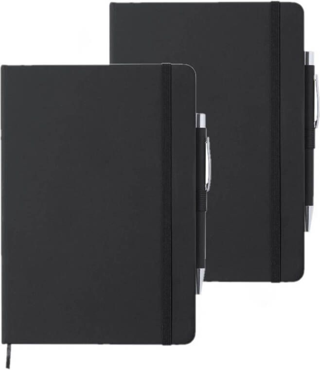 Merkloos Set van 2x stuks luxe notitieboekje zwart met elastiek en pen A5 formaat Schriften