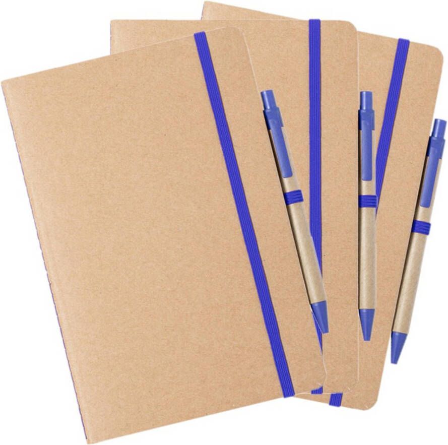 Merkloos Set van 3x stuks natuurlijn schriftjes notitieboekjes karton blauw met elastiek A5 formaat Schriften