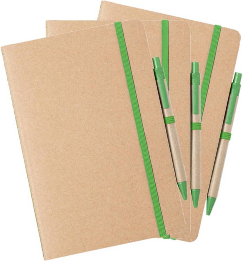 Merkloos Set van 3x stuks natuurlijn schriftjes notitieboekjes karton groen met elastiek A5 formaat Schriften