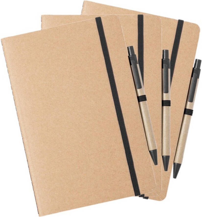 Merkloos Set van 3x stuks natuurlijn schriftjes notitieboekjes karton zwart met elastiek A5 formaat Schriften