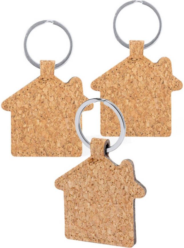 Merkloos Sleutelhanger met huisje 3x kurk metaal 5 x 6 cm eigen huis nieuw huis Sleutelhangers