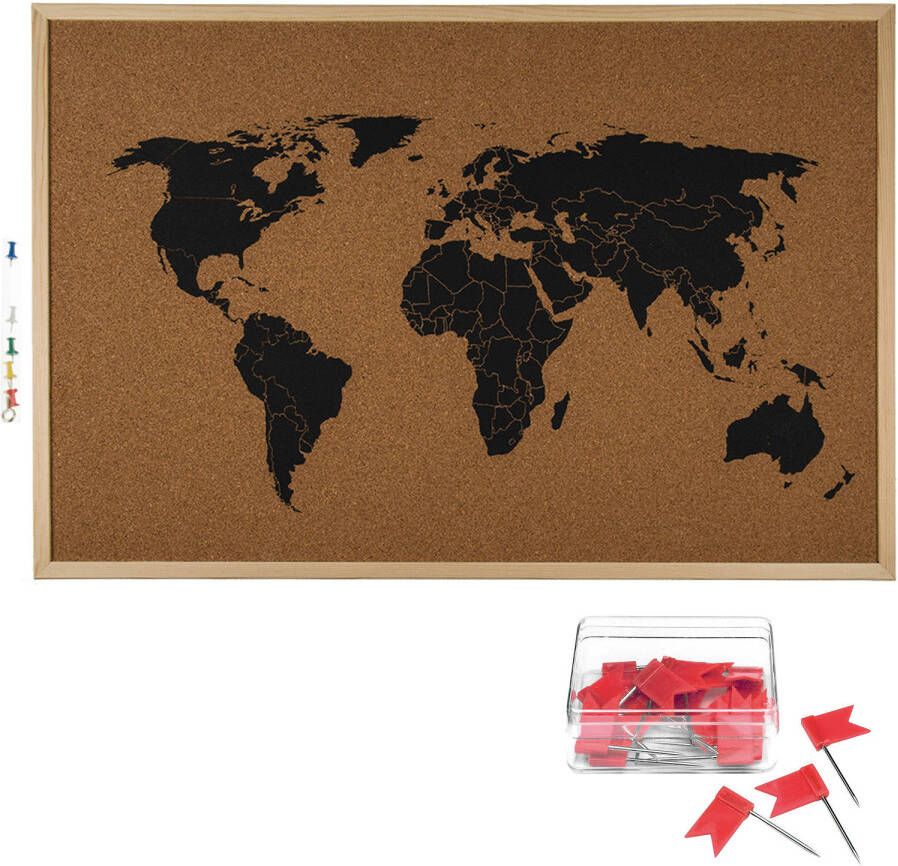 Out of the Blue Prikbord wereldkaart met 20x punaise vlaggetjes 60 x 40 cm kurk Prikborden