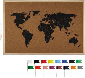 Out of the Blue Prikbord wereldkaart met 20x punaise vlaggetjes gekleurd 60 x 40 cm kurk Prikborden