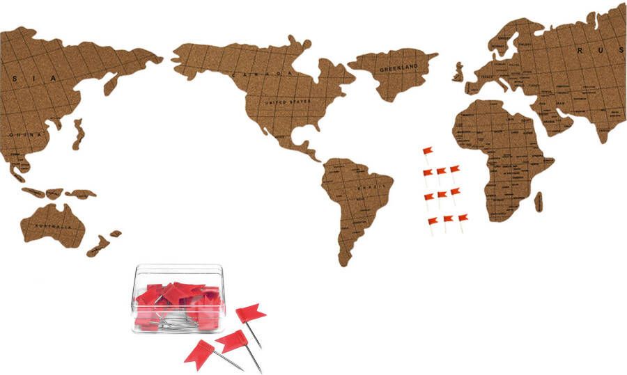 Out of the Blue Prikbord wereldkaart met 30x punaise vlaggetjes 100 x 45 cm kurk Prikborden