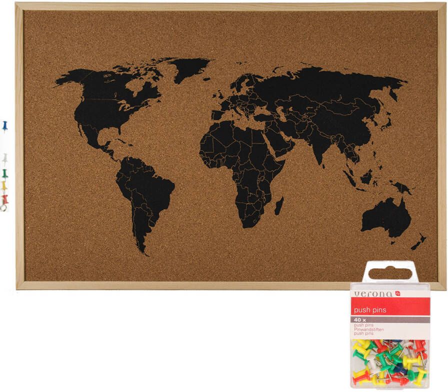 Out of the Blue Prikbord wereldkaart met 40x punaises gekleurd 60 x 40 cm kurk Prikborden