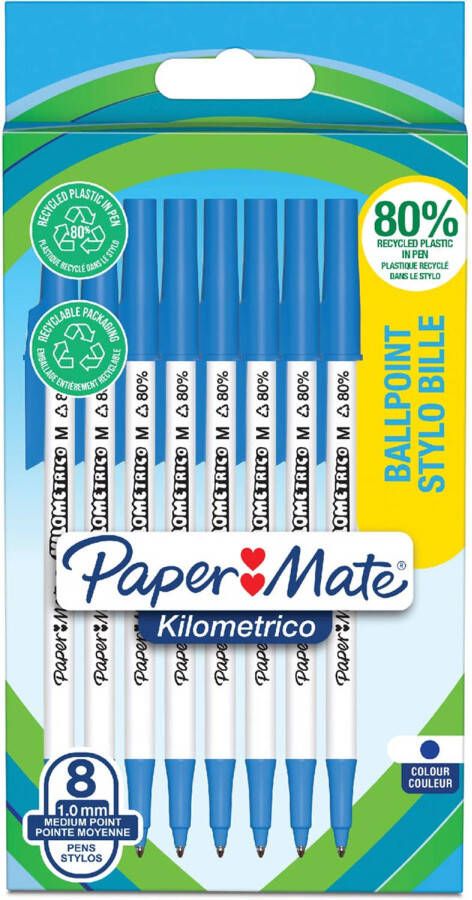 Paper Mate Balpen Kilometrico Recycled medium blauw blister Ã  8 stuks