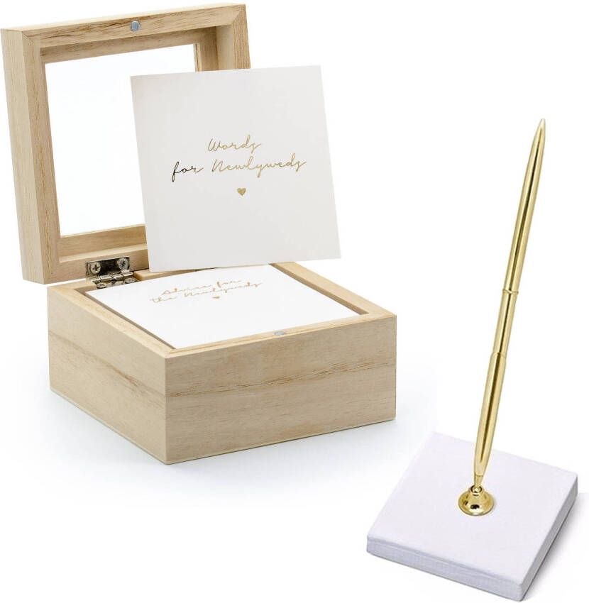 Partydeco Gastenboek huwelijksadvies box met luxe pen in houder Bruiloft wit goud 10 x 6 cm Gastenboeken