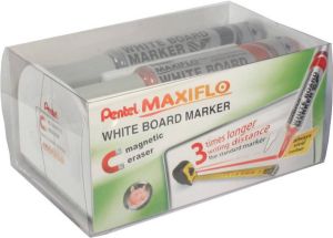 Pentel whiteboardmarker Maxiflo set van 4 stuks: blauw rood groen en zwart + magnetische bordwisser