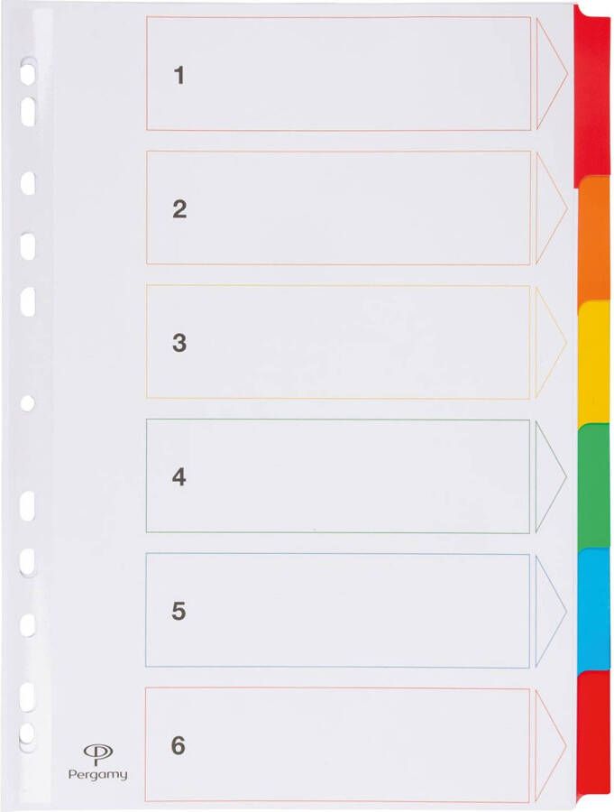 Pergamy tabbladen met indexblad ft A4 11-gaatsperforatie geassorteerde kleuren 6 tabs 50 stuks