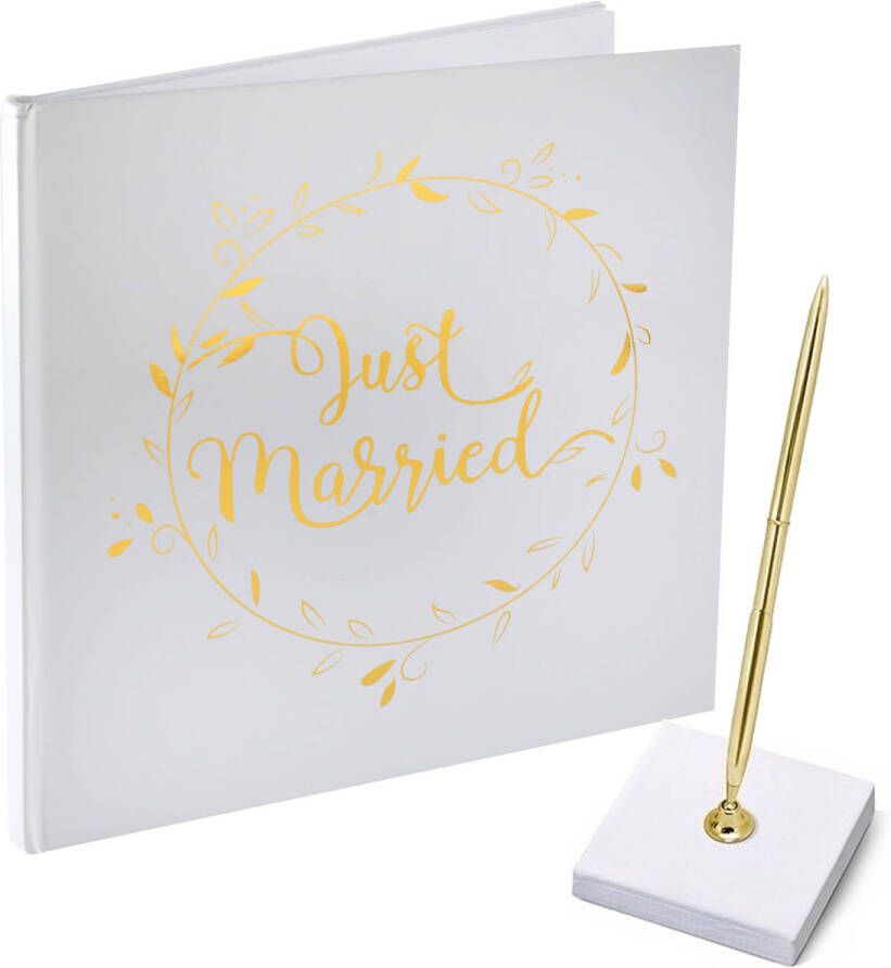 Santex Gastenboek receptieboek met luxe pen in houder Bruiloft goud wit 24 x 24 cm Gastenboeken